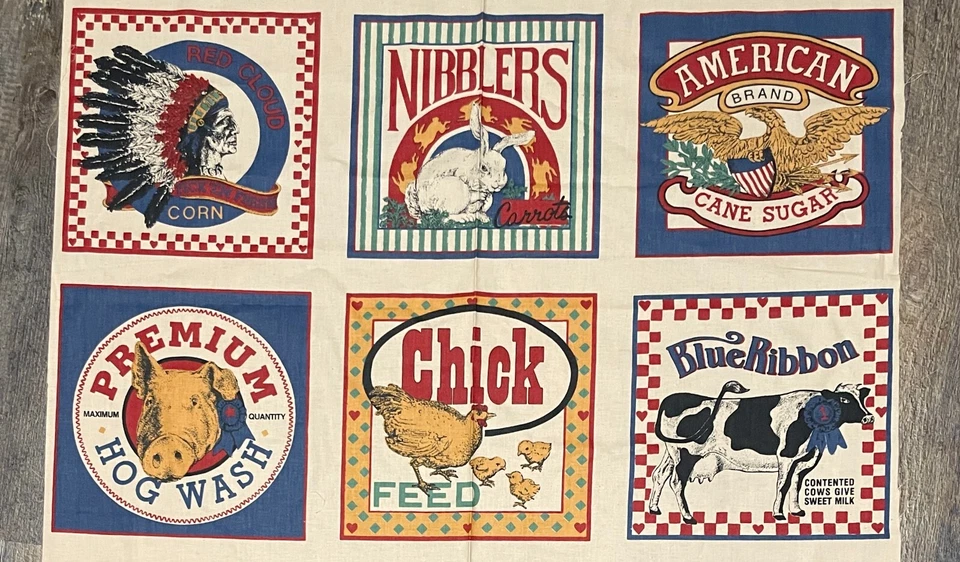 Vintage Joan Kessler for Concord Feedsack Labels Cotton Fabric Panel 24" x 36" - Image 1 of 2