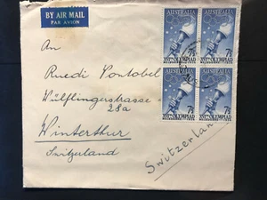 Australien 1956 4er-Block Olympiade Melbourne Fackel auf Bedarfsbrief Schweiz - Bild 1 von 1