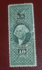 US Used IRS Stamp- Scott #R94c Washington $10 Green Conveyance Hand Cancel - Picture 1 of 1