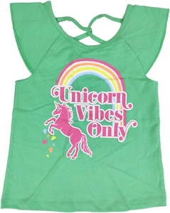Unicorn Shirt Girls Small Size 5 Vibes Only Rainbow Top Fun Green Tee - Picture 1 of 4