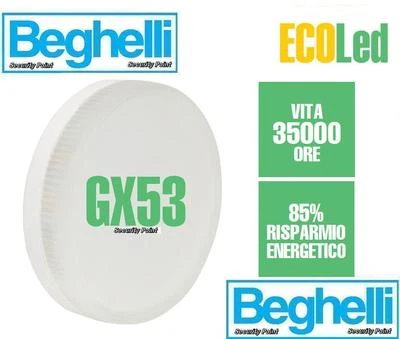 BEGHELLI LAMPADINA BASSO CONSUMO LED FLAT GX53 GX5.3 6W 3000K LUCE IMMEDIATA NEW