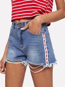 NOEMI KENT Women Denim Distressed Ripped Pearl Shorts Blue Stripe Shorts Size XL - Picture 1 of 4
