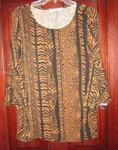Kasper L Stretch Top Shirt Blouse Ethnic Print Flared 3/4 Sleeve Black Tan Brown - Picture 1 of 3