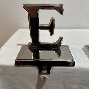 E Initial Letter Monogram Stocking Holder Hook Hanger Mantle Shiny Silver Metal - Picture 1 of 5
