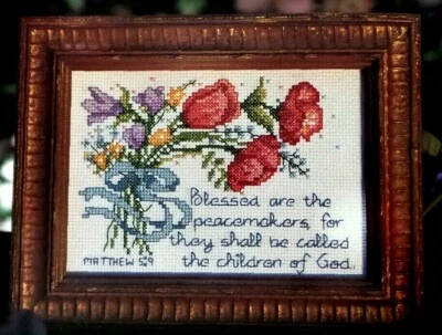 Cross Stitch Pattern BLESSED Are The PEACEMAKERS Matthew 5:9 Flowers Ribbon - Image 1 of 4