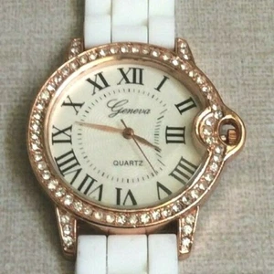 Geneva Crystal Women's Watch Round Silver Dial Roman Hours on White Band New! - Picture 1 of 3