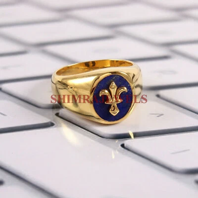 天然拉皮斯拉祖里宝石镀金 925 纯银男士戒指 #382 — 第 1/3 张图片