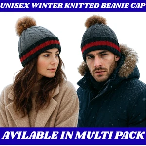 DAMAS MUJERES HOMBRES INVIERNO TEJIDO GORRO ESQUÍ SOMBRERO IMITACIÓN PIEL BOBBLE POM POM - Imagen 1 de 4