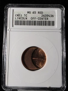 NO DATE 1C LINCOLN MEMORIAL CENT ANACS MS65 RD MINT ERROR STRUCK OFF CENTER - Picture 1 of 2