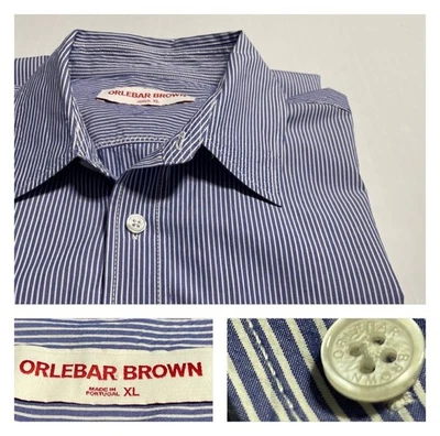Camisa Orlebar Marrón Grasmoor Rayas Azul Blanco Algodón Popelina Delgada XL Foto 1 de 4