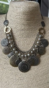 ACCESSORIZE silver tone bead/embossed patterned disc bib necklace boho festival - Picture 1 of 3