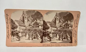 Tarjeta Stereoview 1901 #10777 Market Day At Unterseen, Interiaken, Suiza - Imagen 1 de 3