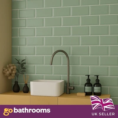 Glossy Green Fern Ceramic Brick Subway Metro Tile With Bevelled Edge 10x20cm Box - Image 1 of 4