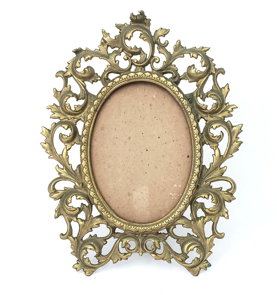 Marco de latón ovalado ornamentado vintage plegable soporte trasero estilo rococó Foto 1 de 4