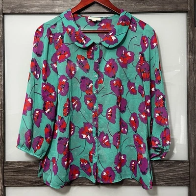 Modcloth Vibrant L Floral Blouse Teal, Purple, Red Peter Pan Collar Cottagecore - Image 1 of 4