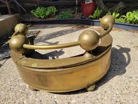 Petite Antique 1800s English Curved Brass Fireplace Fender w 4 Ball Finials SEE Cover