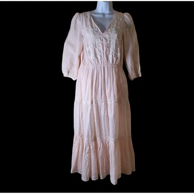 Lucky Brand Prairie Cottage Dress Size M Pink Peach Embroidered Tiered - Image 1 of 4