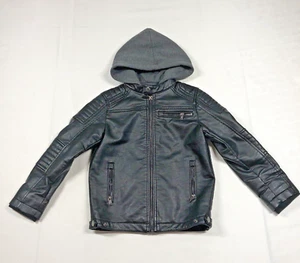 Authentic Guess Youth Jungen Gr. 6 Kunstleder Jacke schwarz Biker Bomber grau Kapuze - Bild 1 von 11