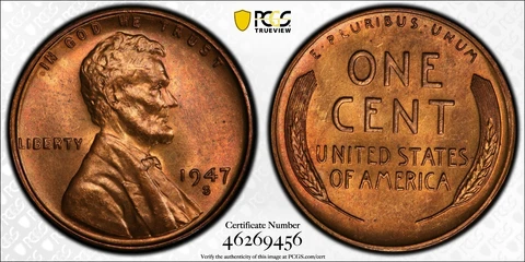 1947-S PCGS MS65 RB Lincoln Cent  GOLD SHIELD HOLDER! Cover