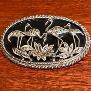 Black Onyx & Marcasite ART DECO Brooch Pave Sterling Silver - Lg Flamingos Vtg - Picture 1 of 3