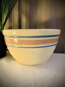 VTG Hull ? USA E-17 Stoneware Mixing Bowl 7" Blue Pink Stripe Beehive Farmhouse - Picture 1 of 8
