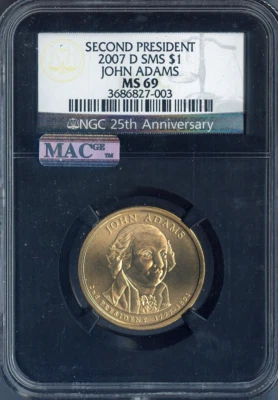 2007-D John Adams Dollar NGC MS69 SMS 2nd U.S. President - Black Holder - Image 1 of 2