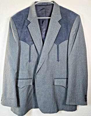 Blazer De Colección Circle S Hombres 46R Western Gris/Azul Marino Yugo Dos Botones Chaqueta Vaquera Años 70 Foto 1 de 4