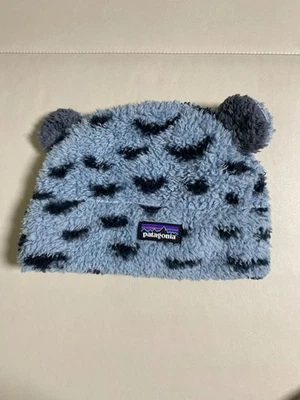 Chapéu gorro Patagonia bebê azul preto bolinhas orelhas de urso de pelúcia tamanho 3-6 meses - Imagem 1 de 4