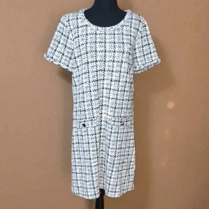Vestido Isaac Mizrahi NY Midi Talla L Manga Corta Negro Blanco Tweed Botón Acentos - Imagen 1 de 8