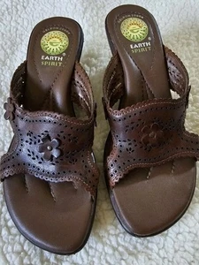 EARTH SPIRIT womens slip on wedge size 6 brown leather sandal - Picture 1 of 5