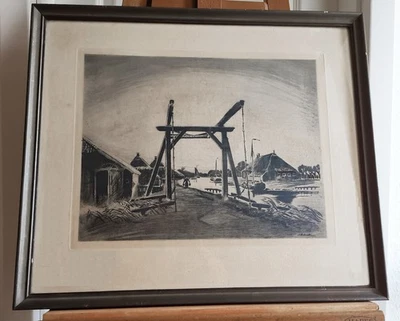 Ernst Petrich, Leer "Am Fehnkanal" Ostfriesland, große Radierung - Bild 1 von 2