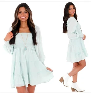 Vestido Azul Pimienta Verde Menta Manga Larga Calado en Niveles Talla M Primavera Verano - Imagen 1 de 8