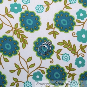 BonEful Fabric FQ Cotton Quilt White Green Aqua Blue Brown Leaf Flower Vine Dot - Picture 1 of 8