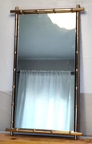 Vtg 1970s Gold Plated Bamboo Rattan Mirror -Beach-Cottage-Tropical-Bahamas Cover