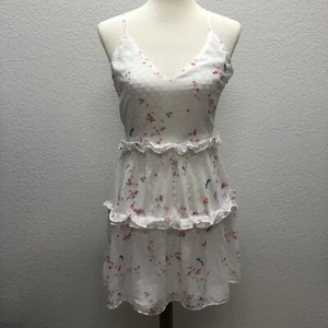 Q+A Los Angeles Womens Dress White Sz Small A-Line V-Neck Short $69 Sheer Floral - Picture 1 of 6