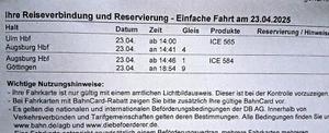DB Deutsche Bahn Ticket von Ulm nach Göttingen über A, WÜ,FD, KS. am 23.4.25 - Bild 1 von 1