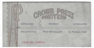 Crown Press Printers Binding, Design Art Deco Business Card San Francisco, CA NN - Picture 1 of 2