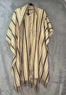 Poncho Sherpa de Lana Años 70 con Bufanda Unisex OS Gris Marfil Rayas y Flecos Foto 1 de 4