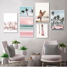 Pink Beach Flamingo Palm Tree Surfboard Wall Art Canvas Painting Nordic Posters