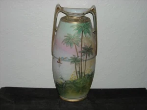 Vaso Nippon vintage dipinto a mano scena fiume Nilo palme piramidi - Foto 1 di 6