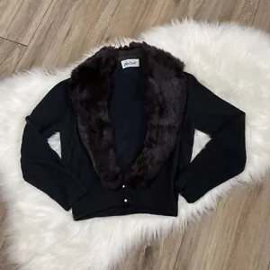 Maglione cardigan vintage anni '50 Orlon in pelliccia collare nero acrilico XS/S - Foto 1 di 6