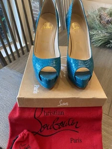 Christian Louboutin Teal Watersnake Altadama 140 Peep-Toe Pumps Sz 37 Excellent - Picture 1 of 9
