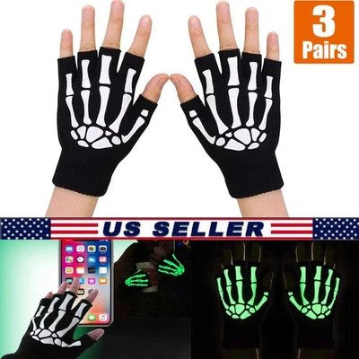 1/3 Pares Guantes Esqueleto Guantes Góticos Sin Dedos Brillan en la Oscuridad Regalos de Halloween Foto 1 de 4