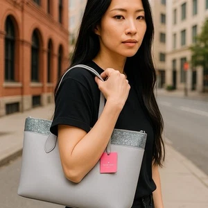 Kate Spade New York Flash Silver Glitter Satchel Shoulder Tote Bag Grey New NWT - Picture 1 of 15