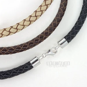 Sterling Silver 6mm Black Braided Round Genuine Leather Cord Necklace / Bangle - Picture 1 of 6