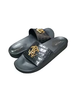 Men's Roberto Cavalli Croc-Embossed Leather Logo Slides Black Size 10.5/43.5 NIB - Picture 1 of 12
