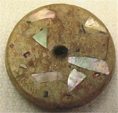 2 Antique Buttons Abalone Shell Tan Red Glitter Composite Whistle Historical #1 - Image 1 of 3