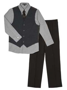 Boys 4 Piece Suit Black & Blue Check Dress Up Holiday Outfit Vest & Tie Set 4 - Picture 1 of 1