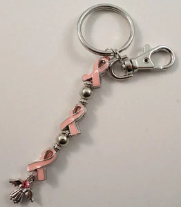 Diamantes de imitación Bling Rosa Cinta Cáncer de mama Tono plateado Llavero Cartera Dije Llavero - Imagen 1 de 4