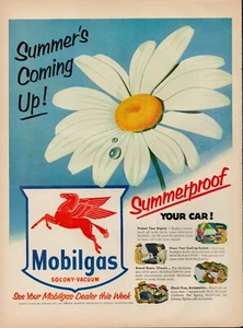 1953 Mobil Gas Oil Dealers Vintage Print Ad Summer Daisy Flower Car Auto USA - Picture 1 of 8